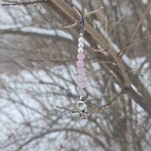 Pink and White Beaded Cancer Ribbon Keychain
